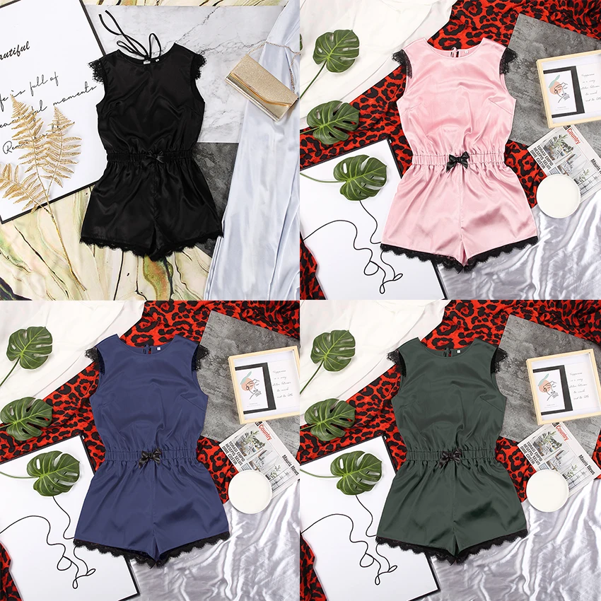 Черная кружевная Пижама HiLoc Женский пикантный комбинезон сатиновая с открытой