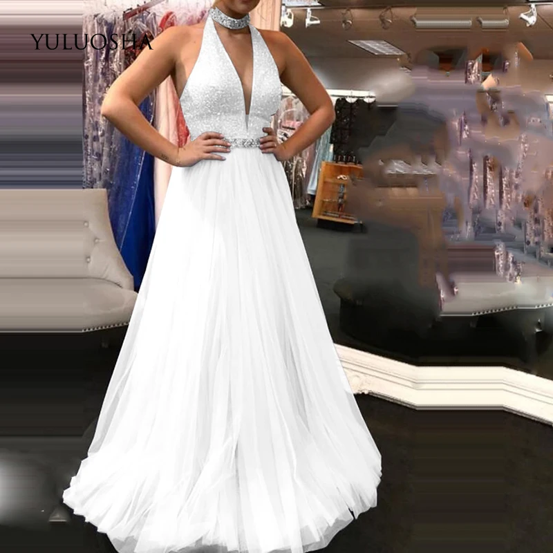 Сексуальное вечернее платье YULUOSHA с лямкой на шее глубоким V-образным вырезом и