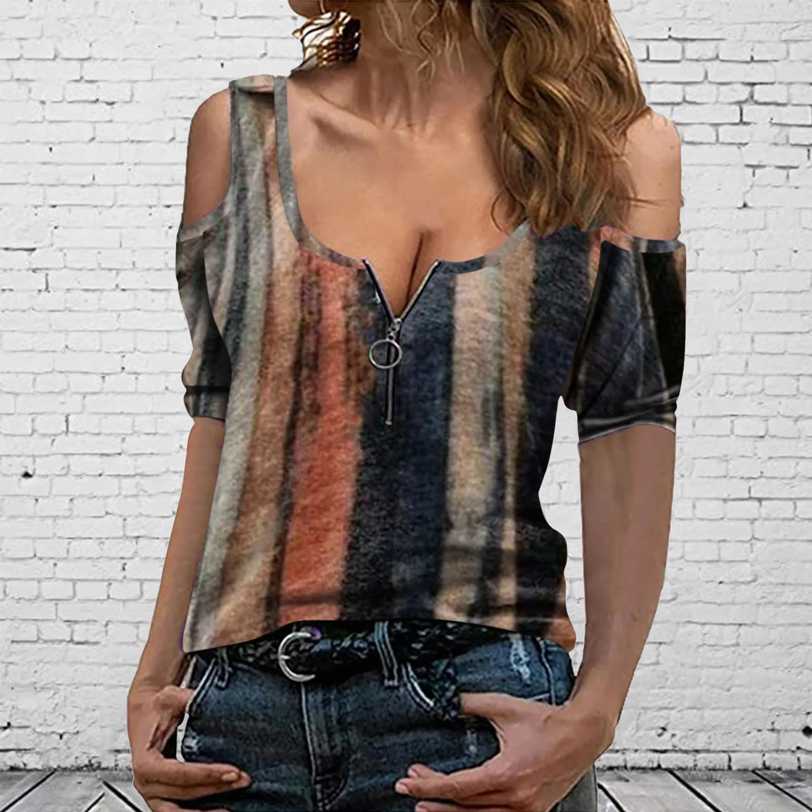 

40# Vintage Zipper Short Sleeve Women's Blouse Elegant Printed V-neck Cold Shoulder Shirt 2021 Ladies Sexy Summer Blouses