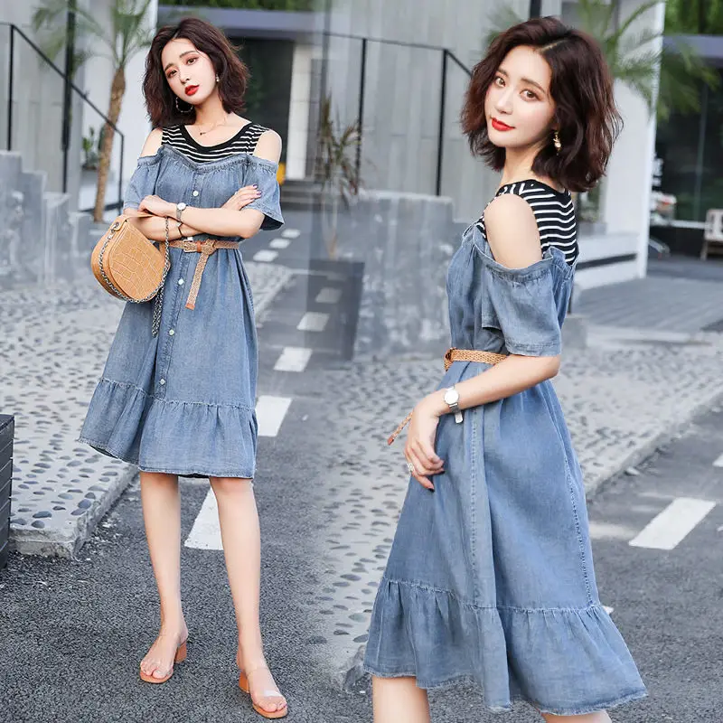 

2021 Summer New Style Women's Korean Mid-Length Slim A-Line Fashion Striped Off-Shoulder Denim Dress Loose Mermaid Dress zh746