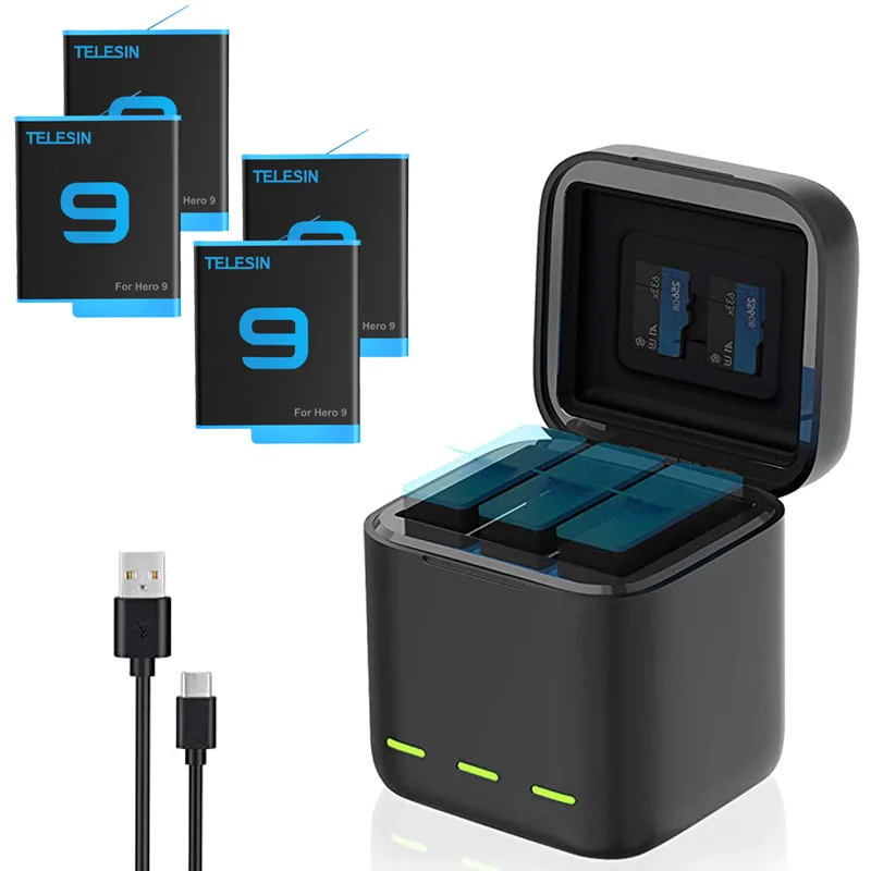 

GoPro 9 Battery Charger 3 Way Smart Charging Case Rechargeable 1750mAh Battery Storage Box For Go pro Hero 9 10 Accessories