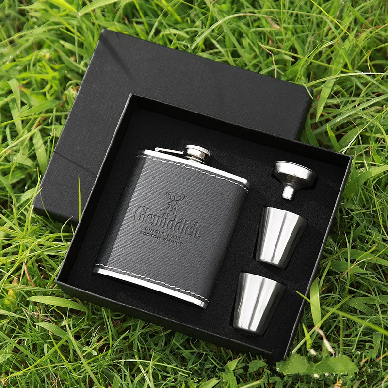 1SET 7OZ hip flask liquor Bottle christmas Gift box Stainless steel wine pot Leather surface portable whiskey OK 1117 |