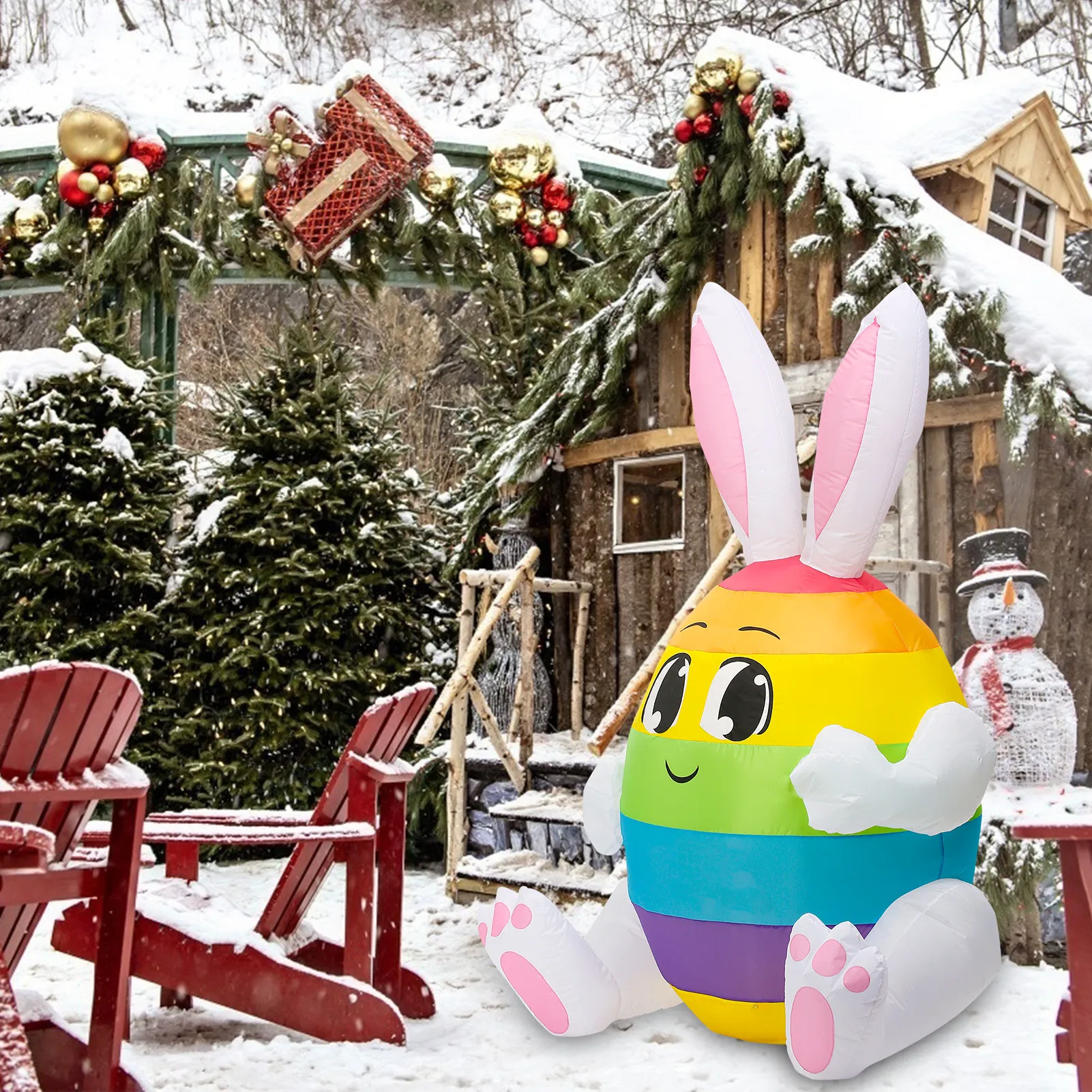 

1.5m/ 4.9Ft Inflatable Easter Party Bunny Toys Color Egg Glowing Holiday Decoration Built-in LED Light for Decor Anniversary Toy
