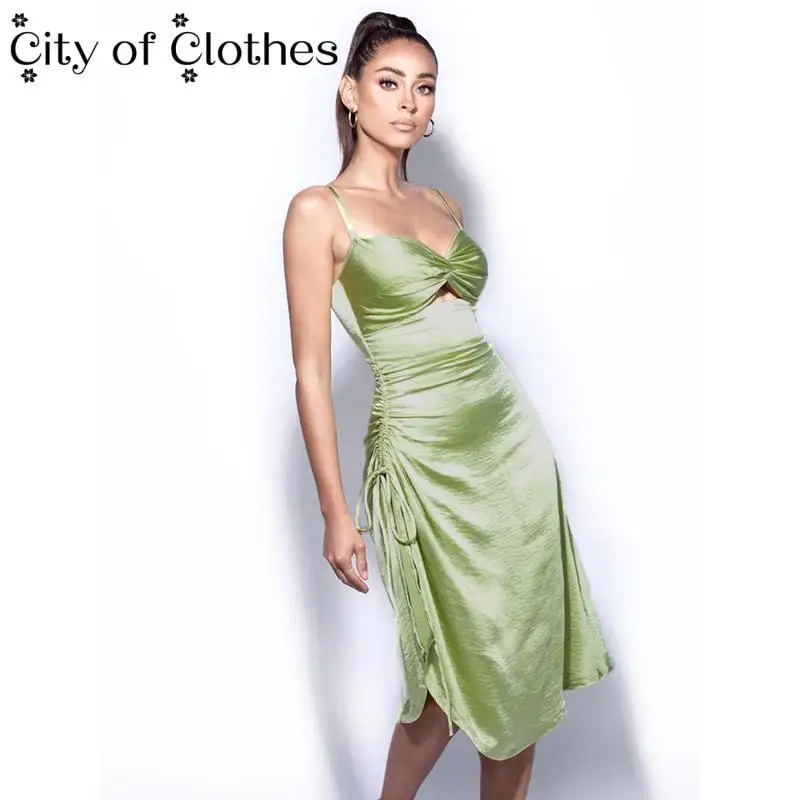 

Women Summer Silk Party Sleeveless V-Neck Hollow Out Sexy Long Dress Ladies Asymmetric Drawstring Dresses 2021 New Streetwear