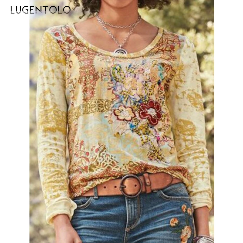 

Lugentolo Long Sleeve T-shirt O-neck Spring Summer Tops Large Size Flower Print Tee Female Casual Loose Thin T-shirts