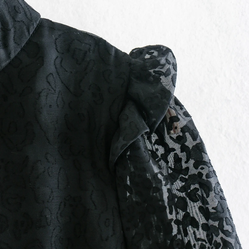 

Ardm Sexy Perspective Lantern Sleeve Black Lace Ruffled Blouse Women Hight Neck Shirt Vintage Female Flocking Spring Summer Top