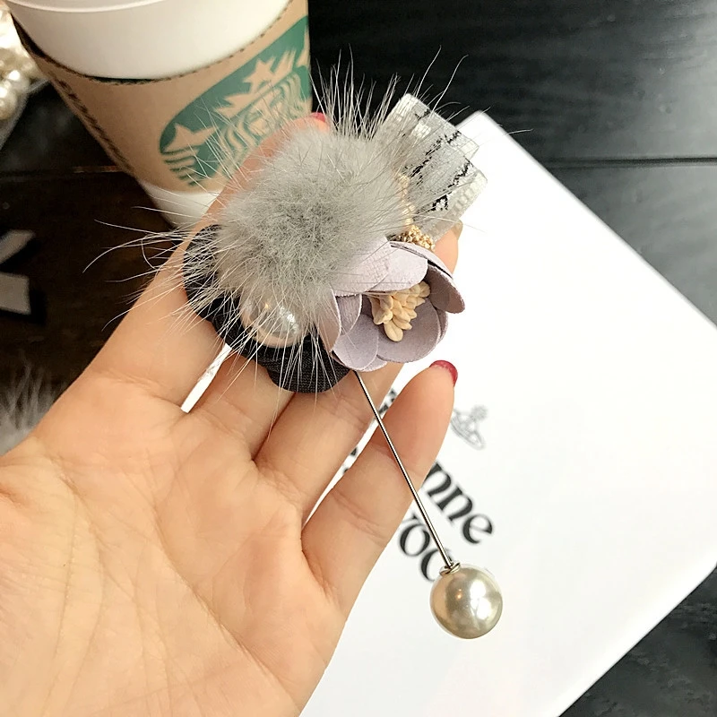 Корейский весенний норковый шар ткань цветок броши с искусственным жемчугом для
