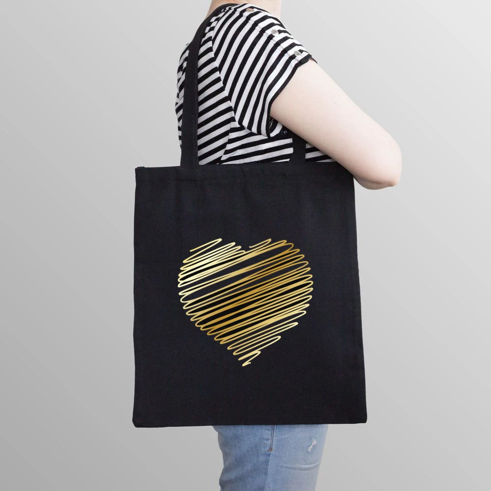 

Женская тканевая сумка для покупок, модная классическая многоразовая Холщовая Сумка-тоут через плечо с принтом Love Heart, черного цвета