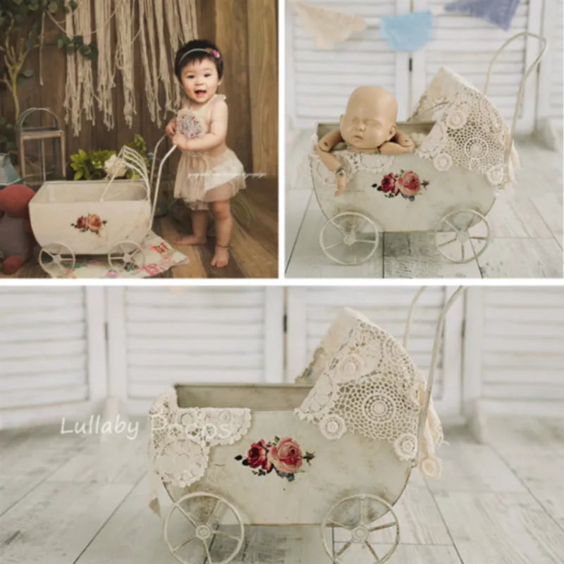 Baby Photography Props Retro Iron Cart Newborn Photo Shoot Accessories Infantil Posing Container Mini Garden Cart New Type
