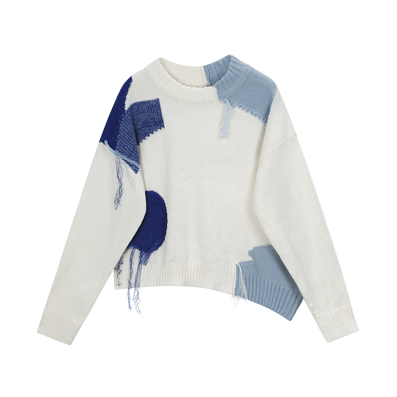 

Milk Blue Retro Embroidery Japanese Women's Sweater Striped Print Oversized Pullovers Winter O-Neck Loose Short Warm Outerwear
