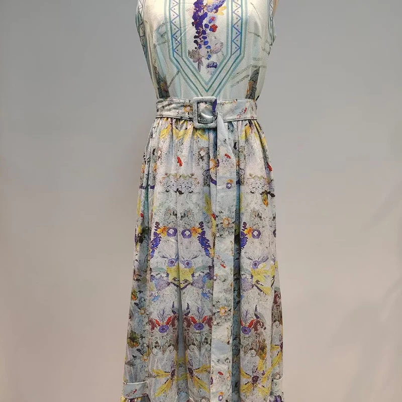 

Hit Color Maxi Dresses For Women O Neck Sleeveless High Waist Sashes Vintage Printed Dress Female Fashion Stylish