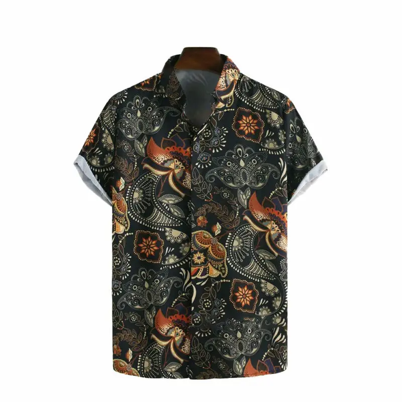 

Shirts for Men Fashion Short Sleeve Flower Printed Button Shirt Summer Vintage Tops Mens Clothing