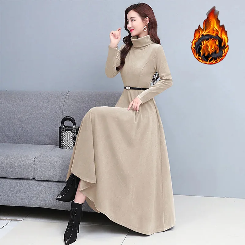 Элегантное бархатное длинное платье с высоким воротником женские зимние