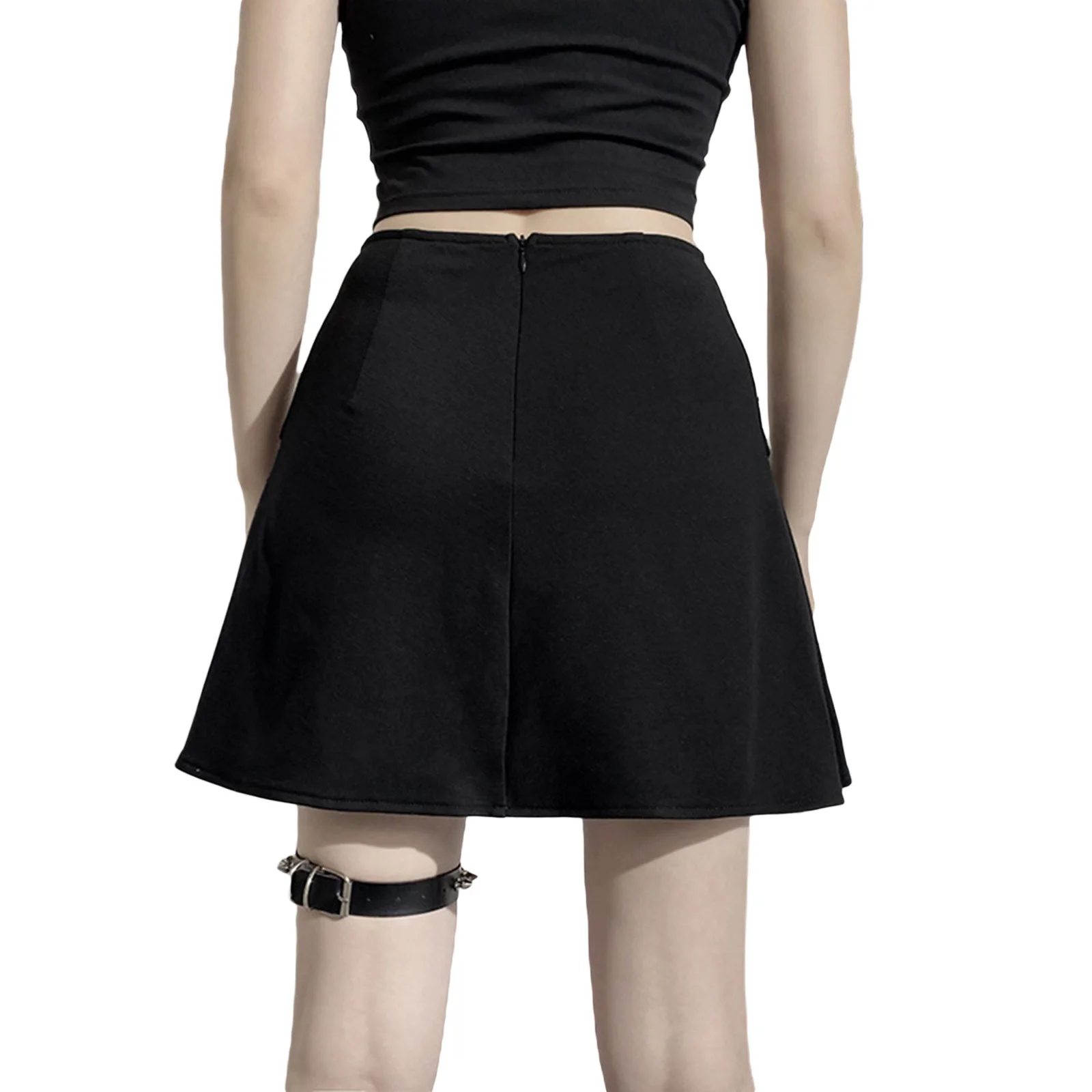 

2021 Women Summer Miniskirt Metal Buckles High-Waist A-Line Short Skirt with Back Zipper for Girls Black