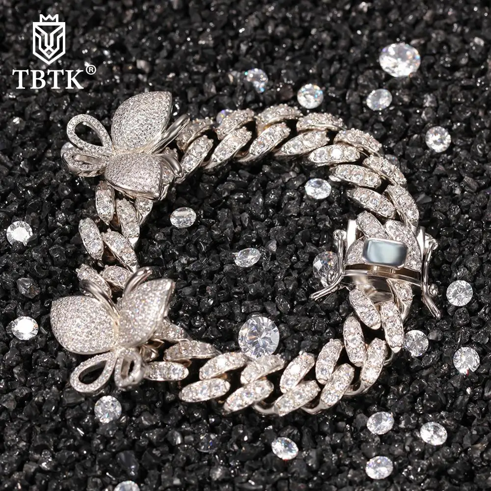 

TBTK 12mm Cuban Link Bracelet Iced Out Cubic Zirconia Butterfly Bracelets Luxury Clasp Fashion Hiphop Jewelry Dropshipping