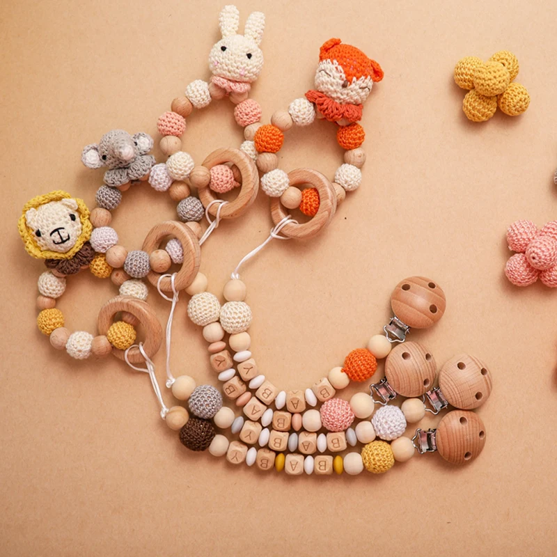 1set Baby Teether Bracelet Rattle Crochet Animal Wooden Chews Nurse Gift Toy Elephant Diy Teething Necklace Pacifier Clip Custom