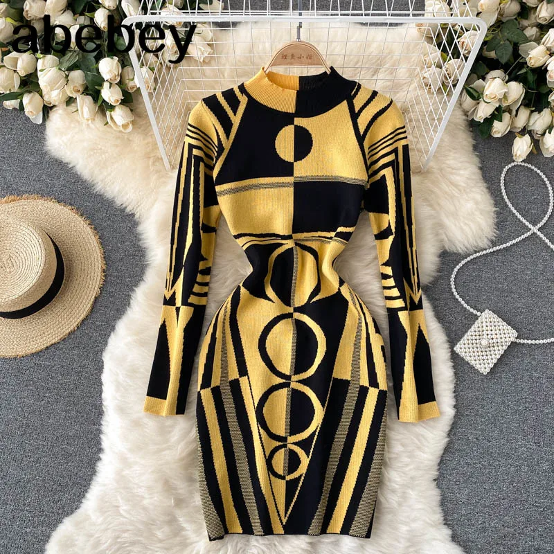 

Women Design Print Knitted Dress Long Sleeve O Neck Elastic Slim Pencil Dress Autumn Winter Sexy Bodycon Sweater Dress
