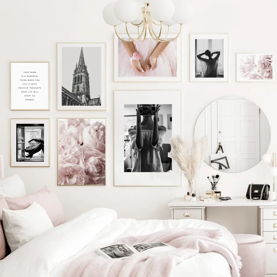 

Gray Building Peony Flower Woman Quotes Wall Art Canvas Painting Nordic Posters And Prints Wall Pictures For Living Room Decor