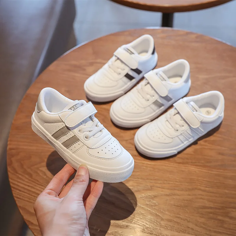 

Children Fashion Sneakers Tenis Boys White Leather Casual Shoes Little Girl Leisure Sport Shoes Flat Stipes Kids Shoes E10124