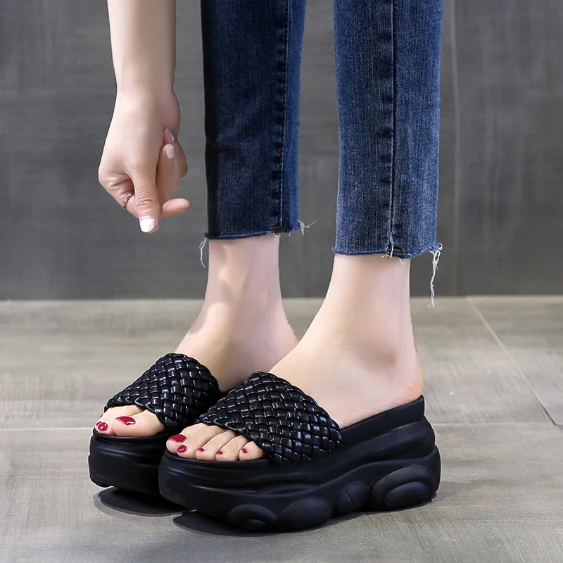 

Shoes Pink Slides Slippers Women Summer Increased Internal Pantofle Fashion Heeled Mules Platform On A Wedge Flat 2021 Luxury