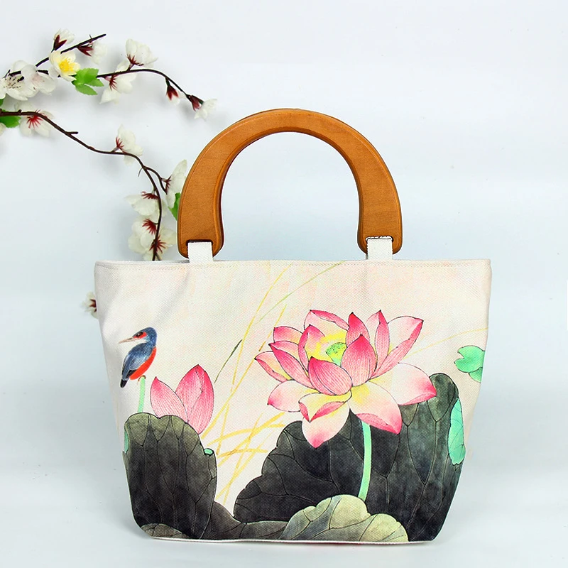 

Women Handmade Wooden Handle Spring Summer Fashion Lotus Oriental Style Retro Handbag Tote Messenger Bag for Lady Girl All Match
