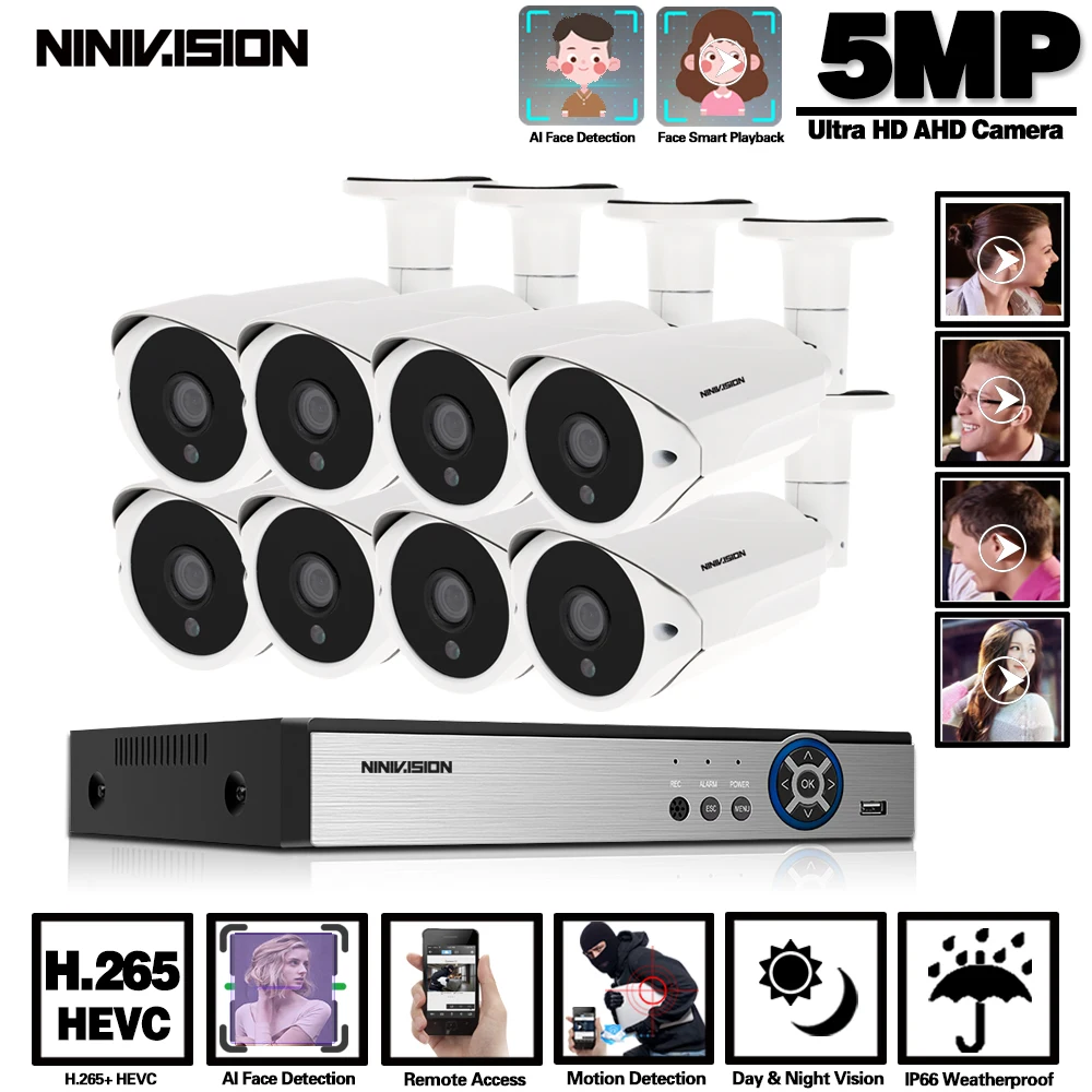 

H.265 Face Detection AHD DVR Kit CCTV Security System 5MP AI IR Outdoor Waterproof AHD Camera P2P Video Surveillance Set 2TB HDD