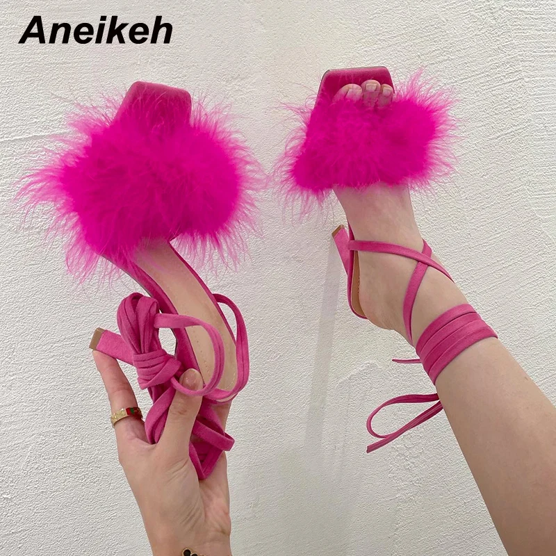 Модные меховые украшения Aneikeh сандалии-гладиаторы с квадратным открытым носком и