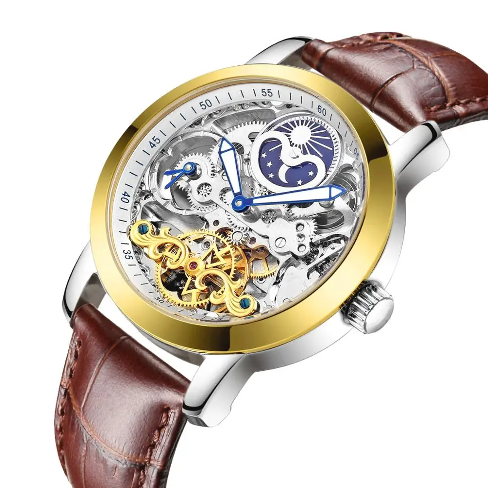 Gold White-L HAIQIN, мужские механические часы, Роскошные автоматические часы, мужские Tourbillon часы со скелетом, спортивные водонепроницаемые часы, Reloj Hombre - Цвет: Gold White-L