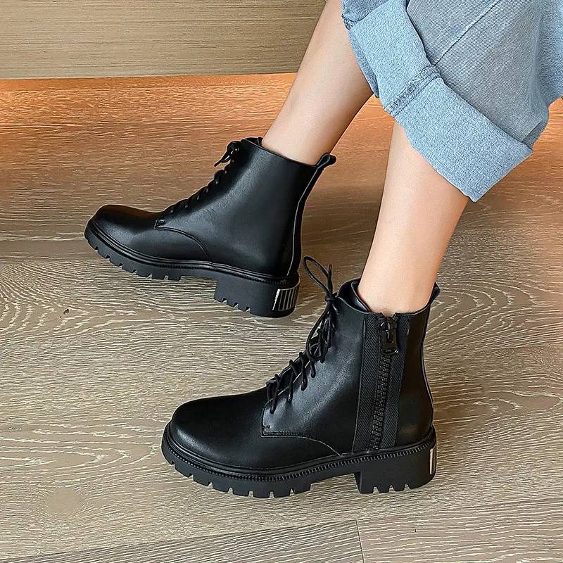 

MORAZORA 2021 New Arrive Ankle Boots Women Genuine Leather Shoes Cross Tied Zip Low Heel Casual Shoes Women Autumn Boots