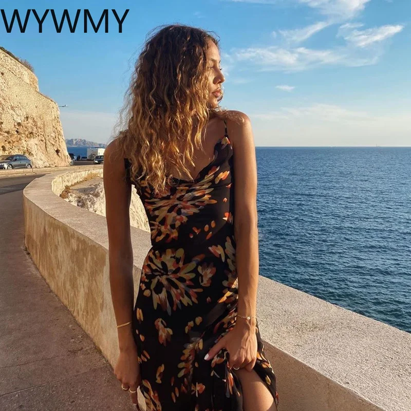 

WYWMY Elegant Spaghetti Strap Floral Print Maxi Dress Women Summer 2021 Sexy Backless Long Dresses Beach Vacation Party Sundress