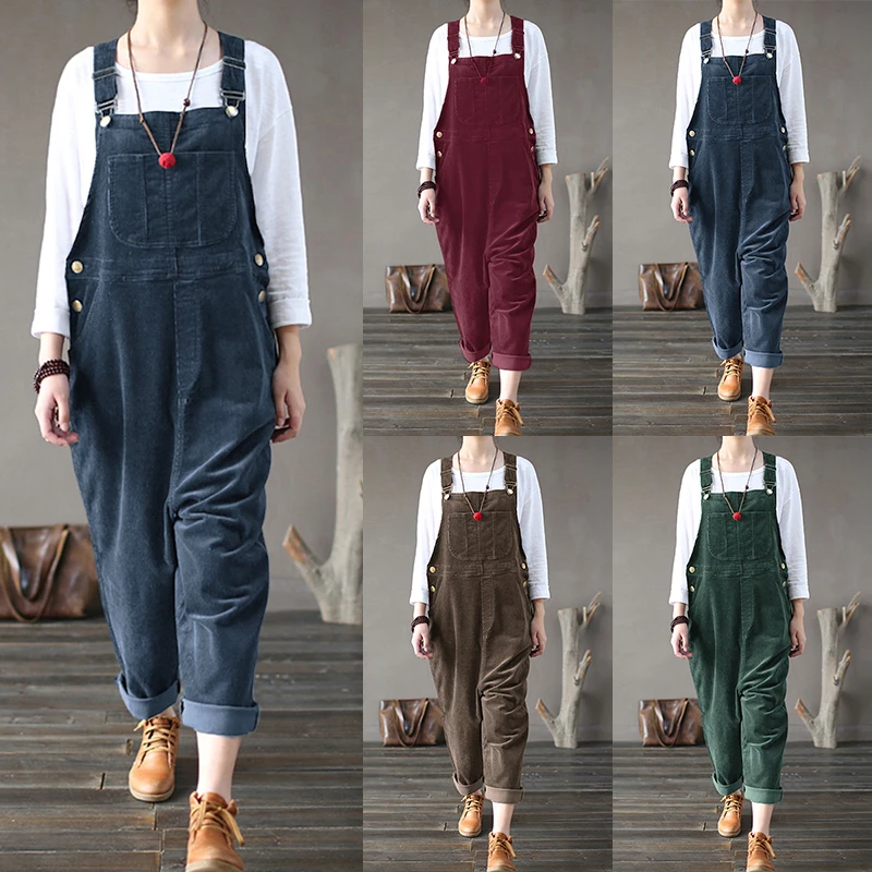 

Kaftan Corduroy Overalls Womens Jumpsuits 2021 Autumn Harem Pants Casual Long Pantalon Female Button Rompers Playsuit