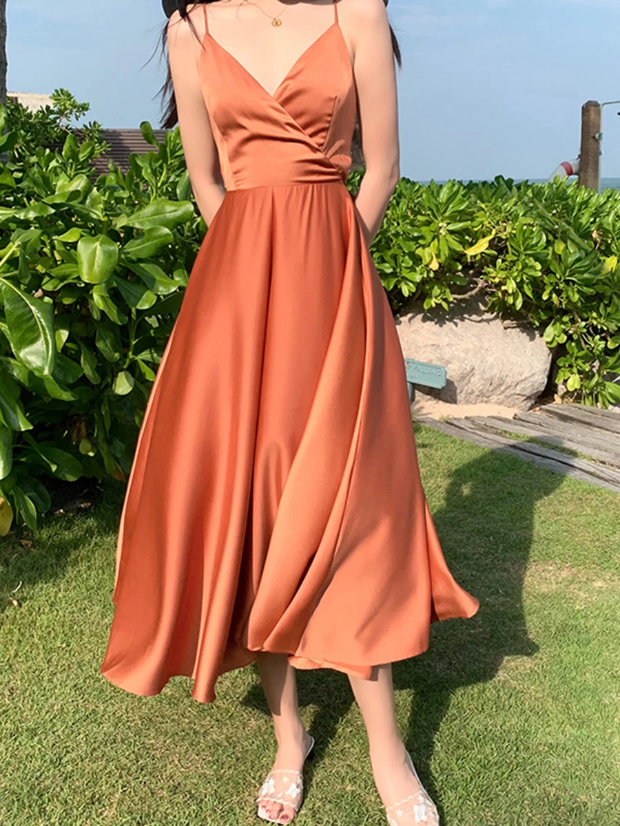 

2021 Women Satin Deep V Neck Sexy Dress Solid Sandy Beach Party Dress Elegant Female Summer Spaghetti Strap Dress B485