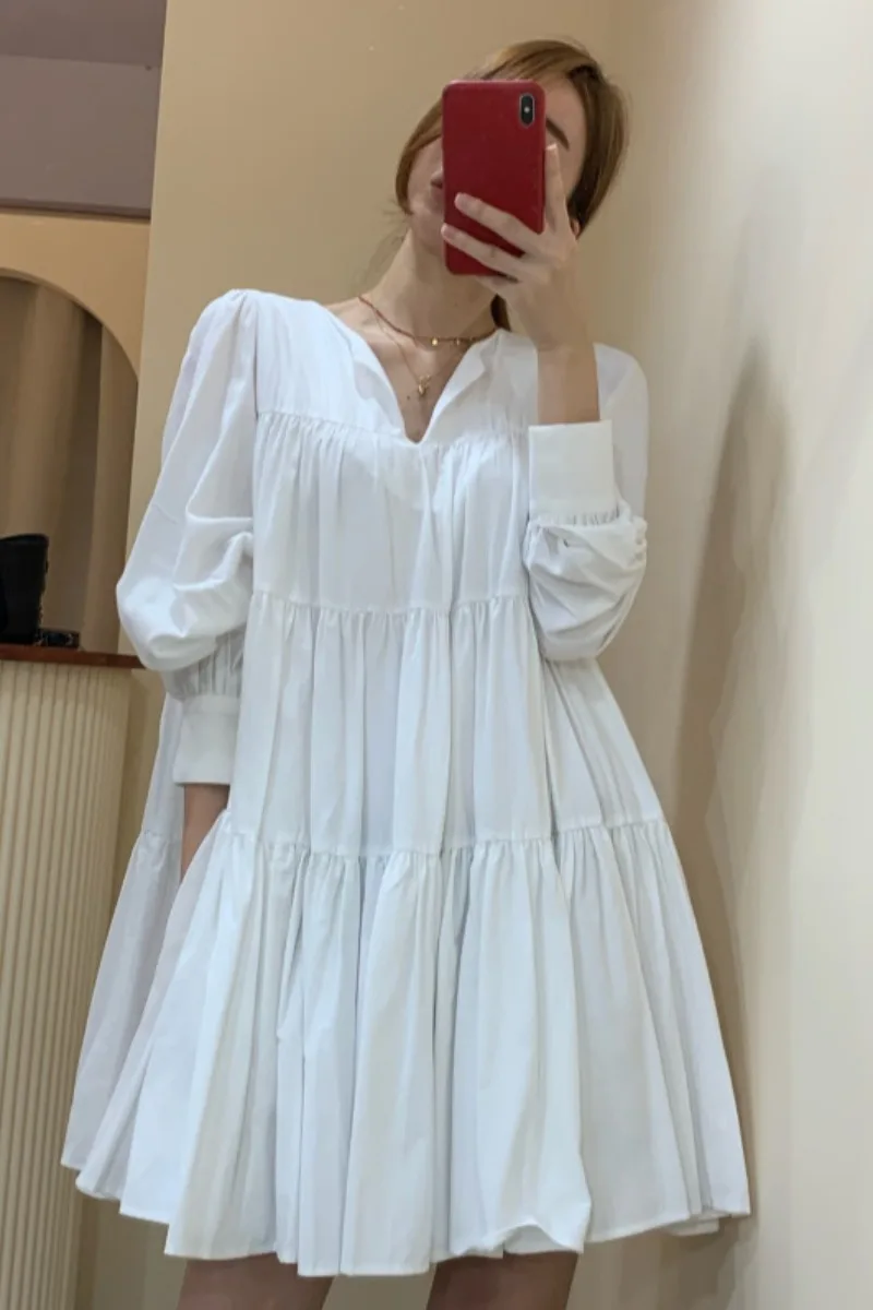 

Dresses Korean Chic New Pleated Belly Covering Design Loose Dress 2021 Spring a Doll Short Skirt Kawaii Casual dress