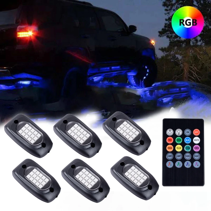 

NEW 6 In 1 LED Rock Light Under Body Light RGB Car Atmosphere Lamp Bluetooth Offroad Pickup SUV ATV Truck Rock Lamp