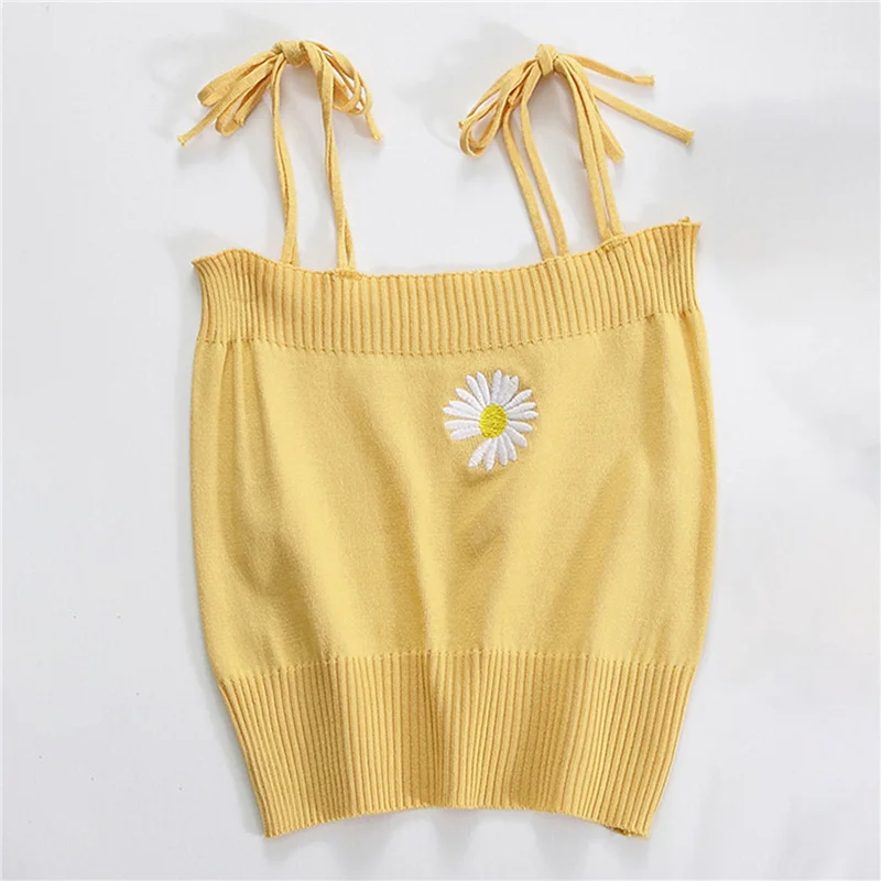 

Women Knitted Crop Tops Flower Embroidery Girls Straps Crop Tops Women Harajuku Cute Crop Tops For Women Summer