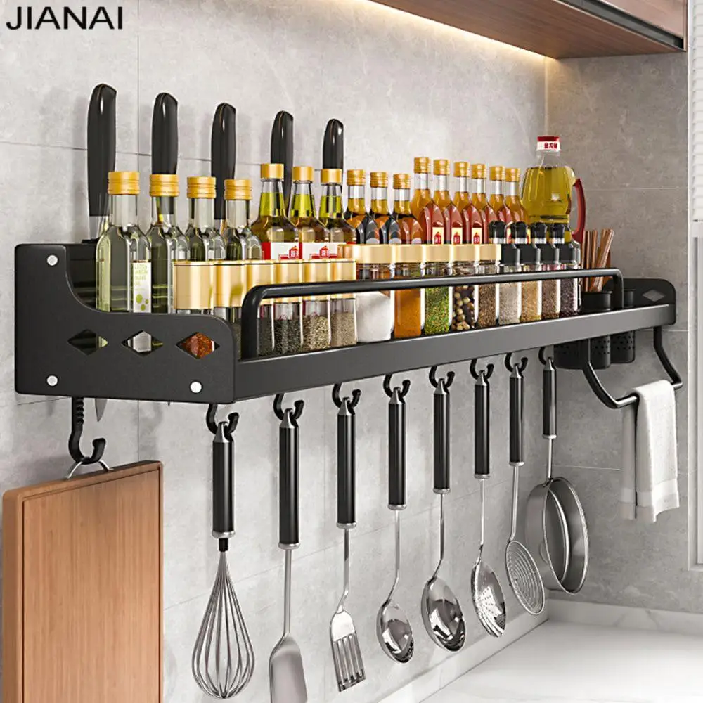 

Kitchen Storage Shelf Wall-mounted Durable Spice Racks Space Aluminum Multifunctional Punch-free Kitchen Shelf Kichen Organizer