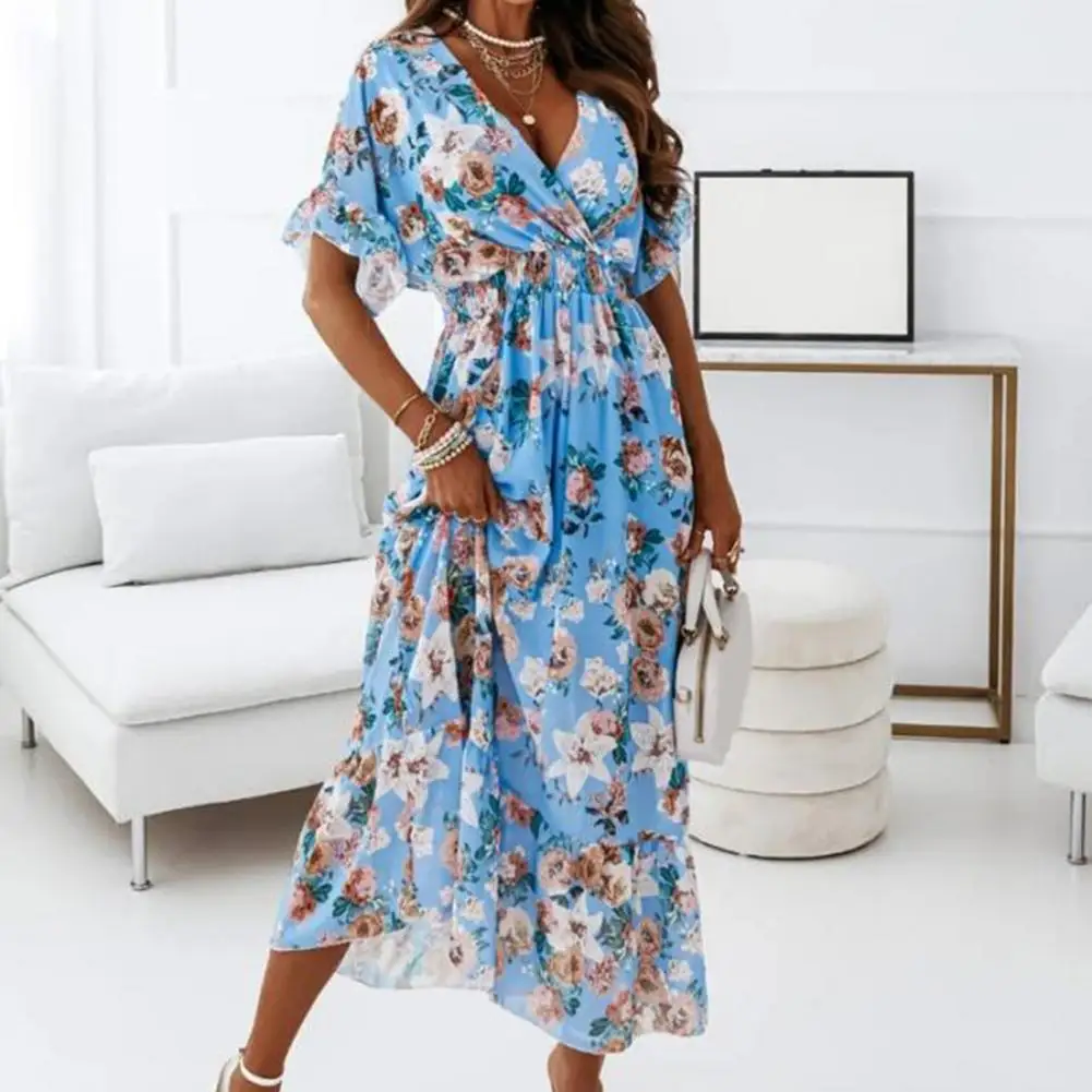 

Women Boho Dress Blue Floral Printed Long Maxi Dress Deep V-neck Summer Beach Evening Party Sundress Sleeveless Dresses Vestidos