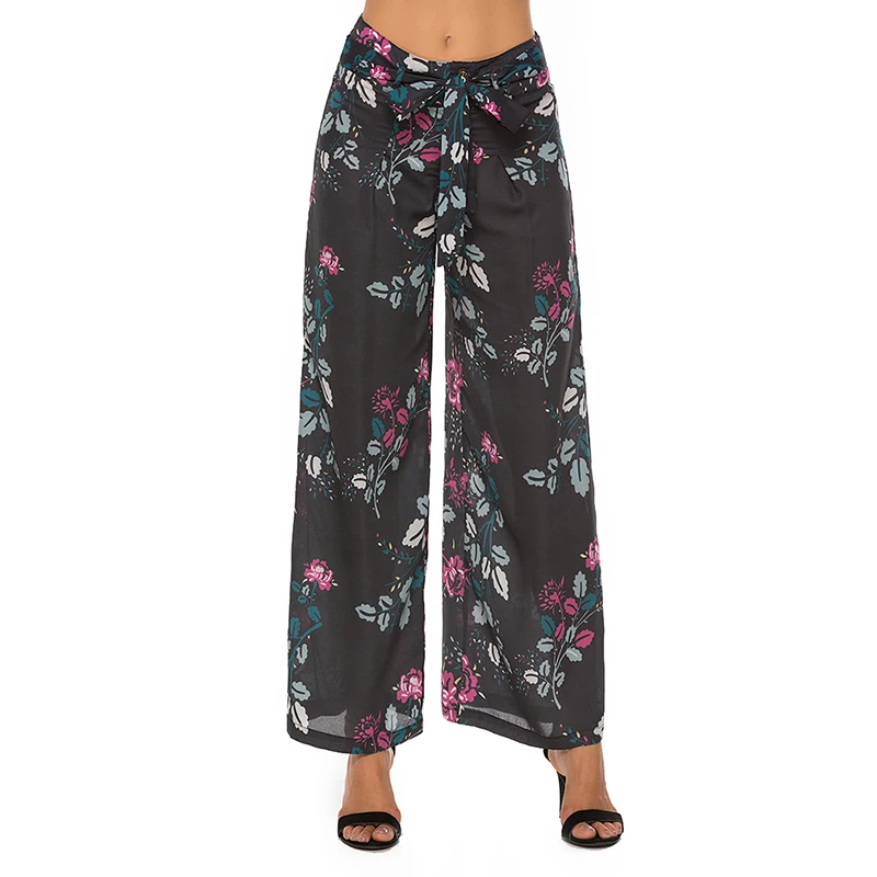 

2021 High Waist Pants Women Floral Print Pants Bandage Pleated Wide Leg Chiffon Casual Great For Party Daily Beach Sweatpants