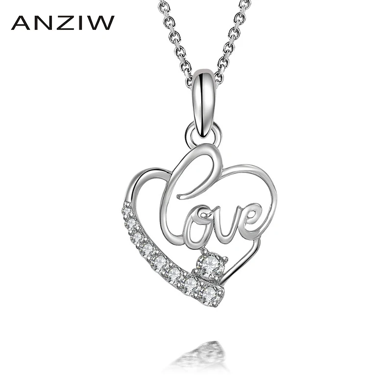 

ANZIW Luxury 925 Sterling Silver Pendant Necklace for Women Love Letter Heart Long Chain Necklace Wedding Cute Silver Jewelry