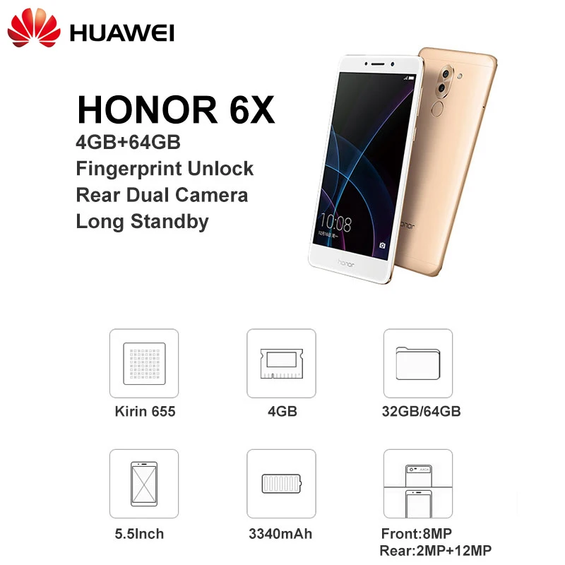 Оригинальный мобильный телефон HUAWEI Honor 6X GR5 4G LTE Kirin 955 Android 7 0 5 &quotFHD 1920X1080 4 Гб ram 64 rom