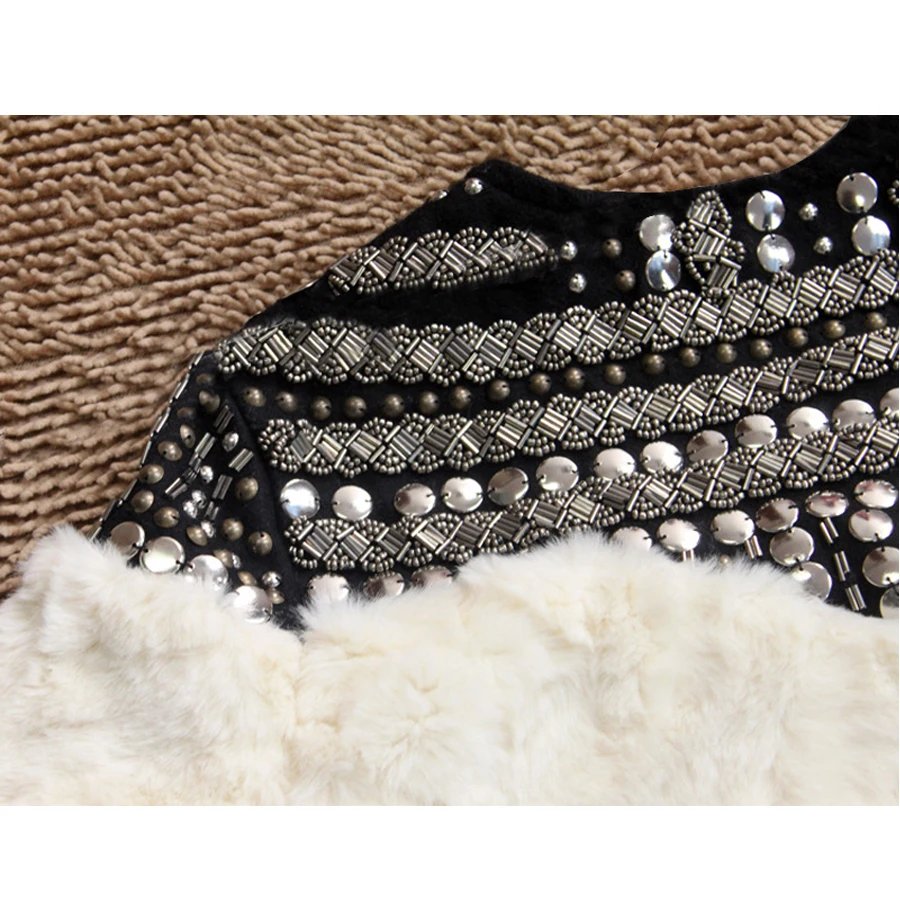 Женское пальто из искусственного меха теплое ручной работы с бусинами