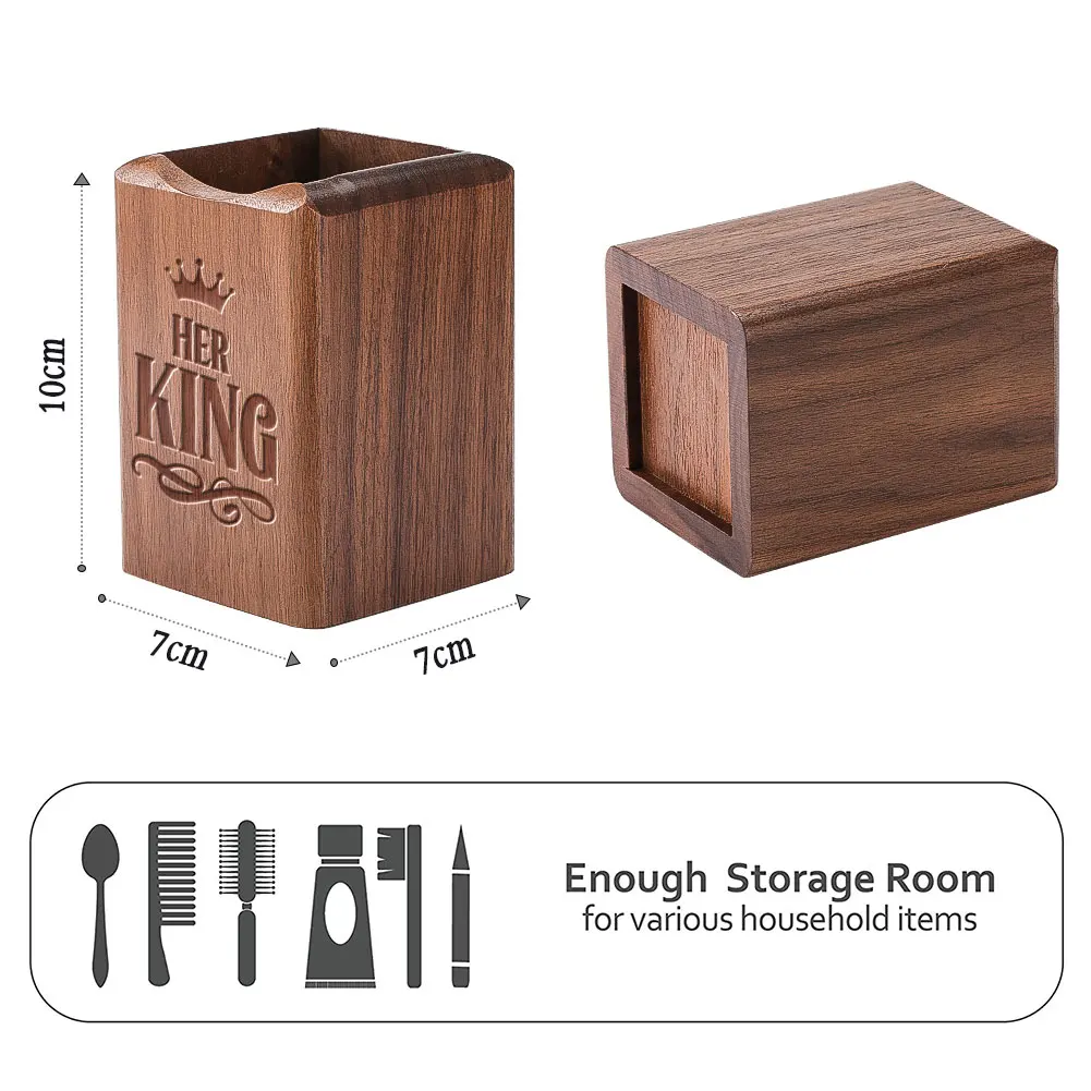

Black Walnut Beech Wood Pen Holder with King Pattern Desktop Stationery Pencil Storage Box for Home Office Gift Present Husband