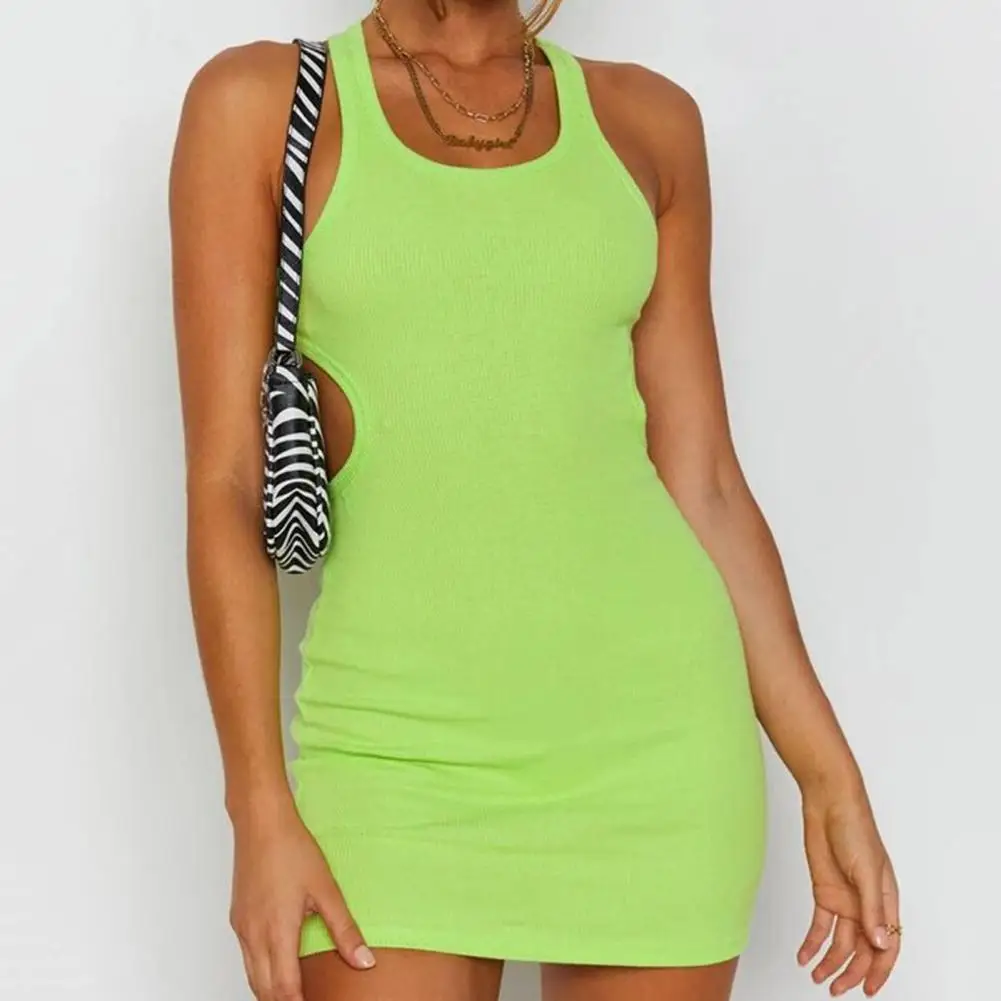 

Women Sexy Dress Solid Color Sleeveless Cut Out Backless Bodycon Mini Dress for Party