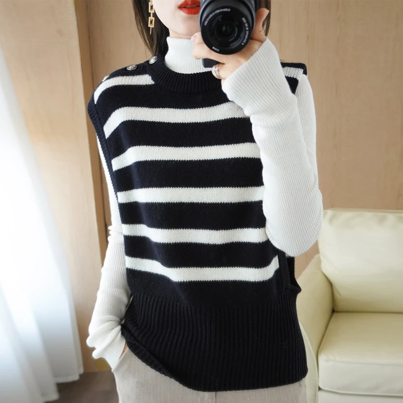 

Women Black and white bar Loose Cashmere Vest Sweater Girls O-Neck Sleeveless Thick Sweater Suits Female Waistcoat Chic Tops