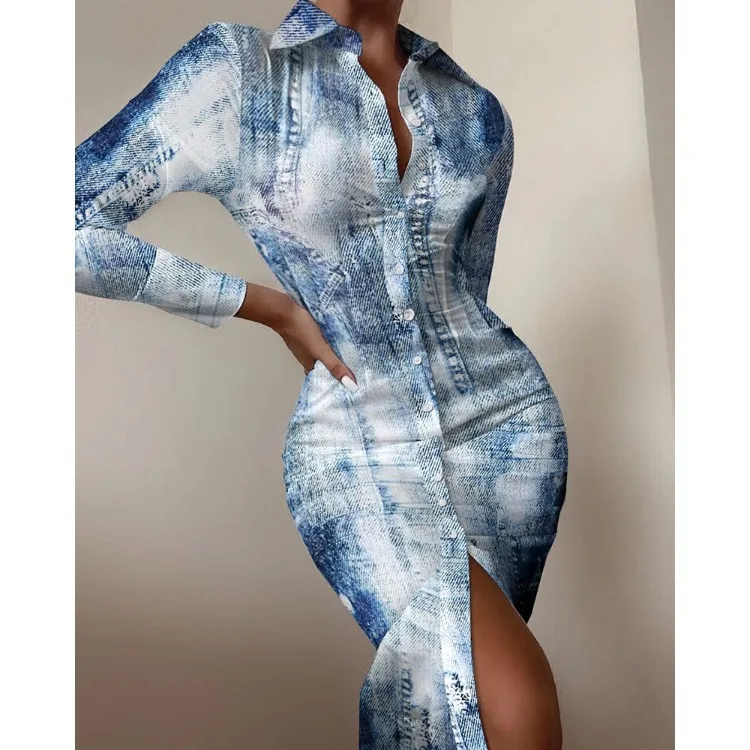 Women's shirt dress long sleeve sexy waist waist printed cardigan shirt