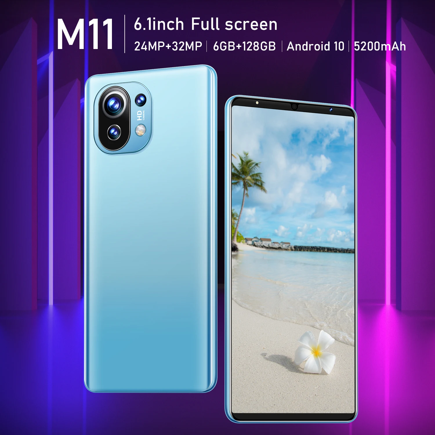 

M11 6GB RAM 128GB ROM 6.1 Inch 5200mAh 1440*3200 Cute Smart Phone MTK6889 Fingerprint ID 24+32MP Dual SIM+Micro SD Smartphones