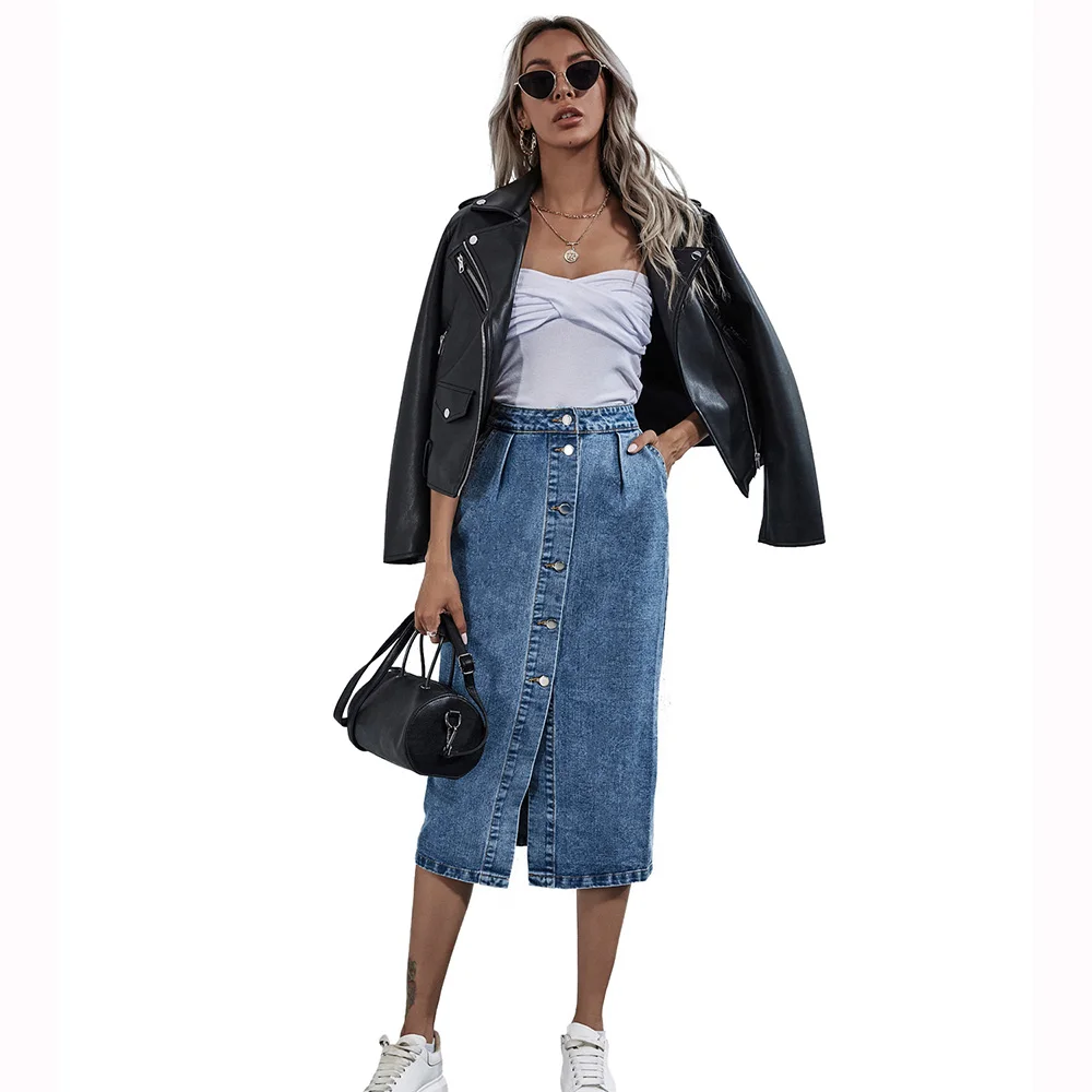 

#66 Single-Breasted High-Waisted Skirt 2021 New Fashion Mid-Length Skirt Casual Pockets Vintage Women's Denim Skirt