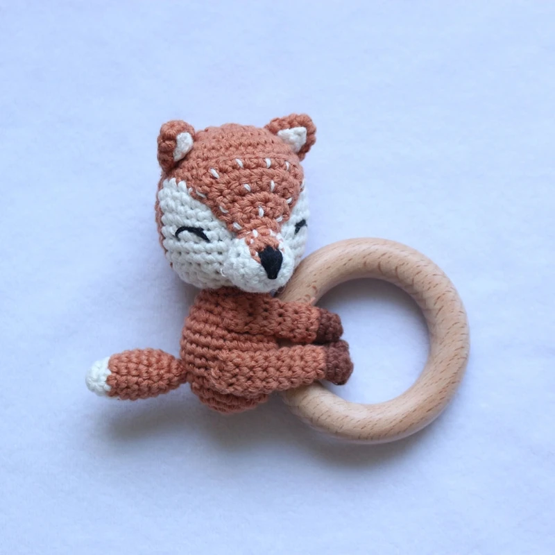 

Baby Rattle Handmade Crochet Fox Elk Teether Wooden Rattle Newborn Soother Molar Teething Toy Educational Montessori Baby Toys