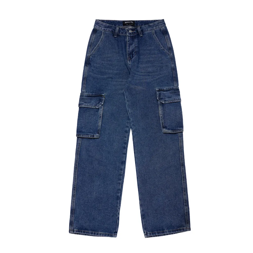 

Spring Autumn Solid Color Multi Pockets Jeans Men Fashion Streetwear Loose Straight Long Pants Make Old Casual Wide Leg Pants