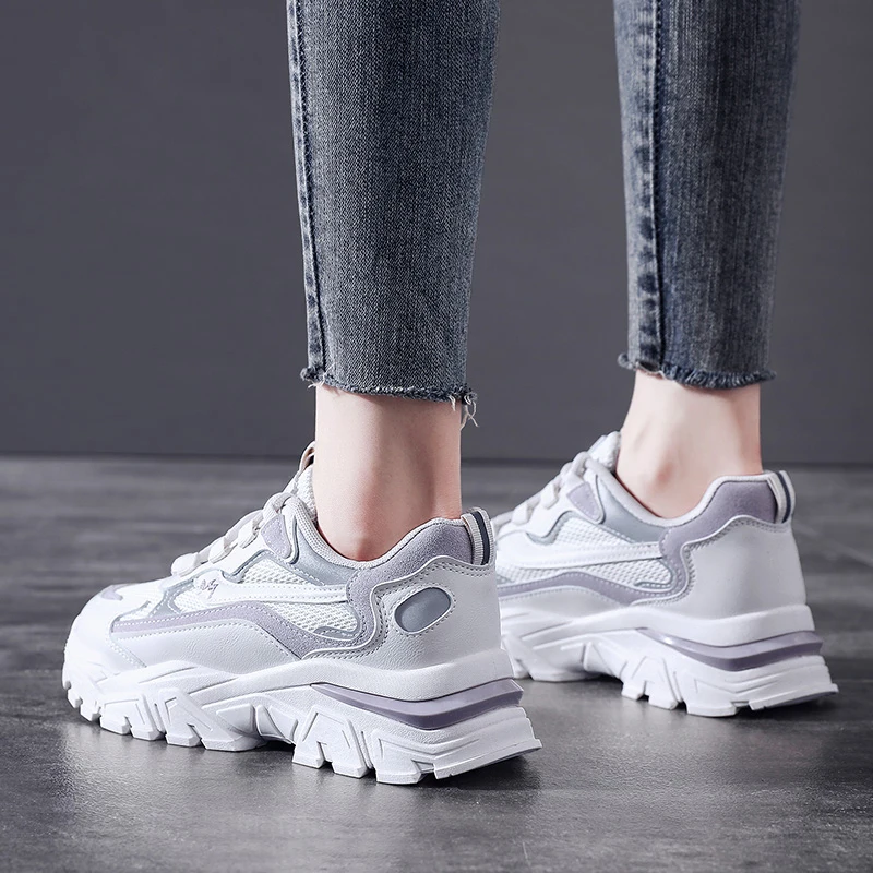 

2021 Women Beige Dad Sneakers Breathable Trainers Spring Autumn Casual Lace Up Vulcanized Sports Platform Shoes Women Basket